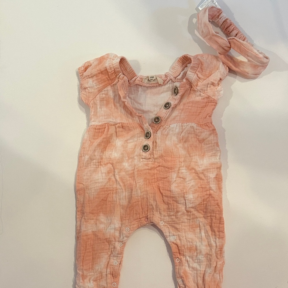 Jessica Simpson Peach Baby Romper w Matching Headband